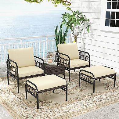 5 Piece Patio Conversation Set with Ottomans and Coffee Table Beige