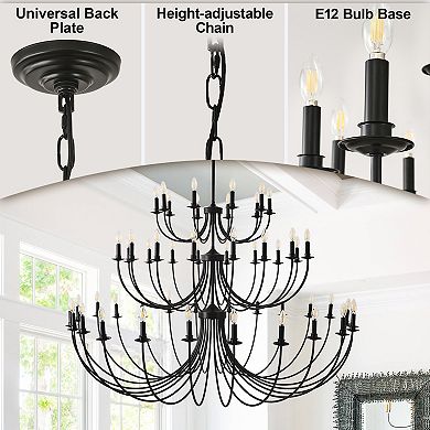 52-Light Extra Large Matte Black Farmhouse Tiered Chandelier for High Ceilings Grand Entryways