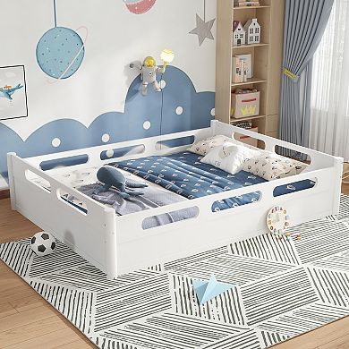 Heybly Queen Size Floor Platform Bed with Guardrails with Slats Support, No Box Spring Needed