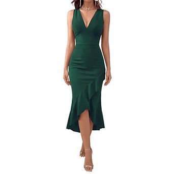 Women Deep V Neck Bodycon Dress Sleeveless Ruffle Hem Party Dress