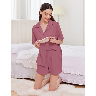 Ekouaer Womens Pajama Sets Cotton Pjs Button Down Sleepwear Short Sleeve Lounge Set