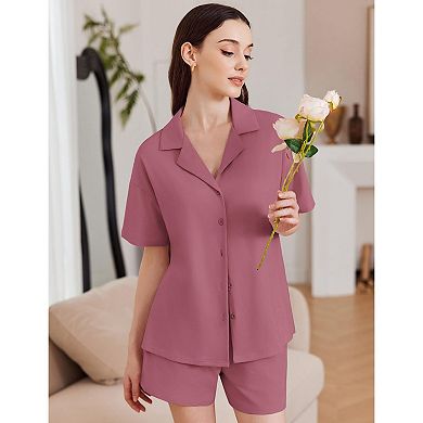 Ekouaer Womens Pajama Sets Cotton Pjs Button Down Sleepwear Short Sleeve Lounge Set