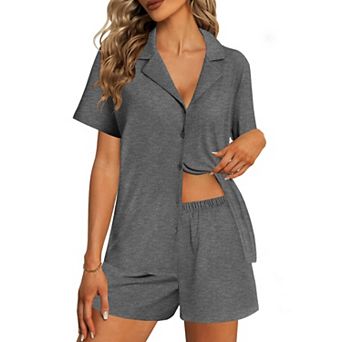 Ekouaer Womens Pajama Sets 2 pc Cotton Pjs Button Down Sleepwear Short Sleeve Lounge Set