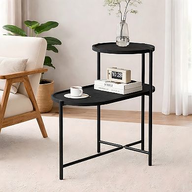 Heybly Round Coffee Table with 2-Tier Storage Trays, Modern Small End Table with Metal Frame