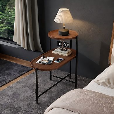 Heybly Round Coffee Table with 2-Tier Storage Trays, Modern Small End Table with Metal Frame