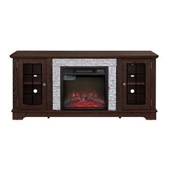 Trikiousd 58" Fireplace TV Stand with 2-Door Storage & Faux Stone for TVs Up to 65"