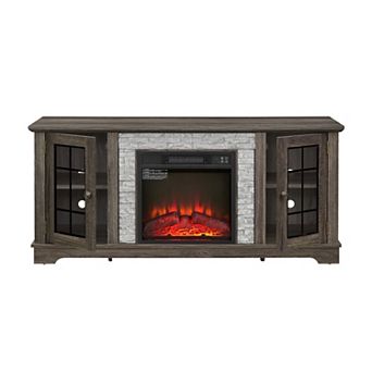 Trikiousd 58" Fireplace TV Stand with 2-Door Storage & Faux Stone for TVs Up to 65"