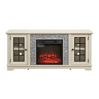 Trikiousd 58" Fireplace TV Stand with 2-Door Storage & Faux Stone for TVs Up to 65"