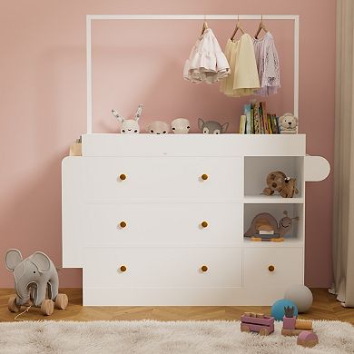 KWPZQEB Wardrobe with Hangers, Chest of Drawers, Multi-Functional Changing Table, White