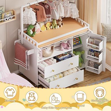 KWPZQEB Wardrobe with Hangers, Chest of Drawers, Multi-Functional Changing Table, White