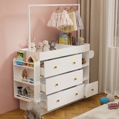 KWPZQEB Wardrobe with Hangers, Chest of Drawers, Multi-Functional Changing Table, White