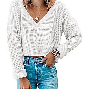 Zeagoo Women Long Sleeve Tops Waffle Knit Shirts Fashion Cropped Top Casual V Neck T Shirts