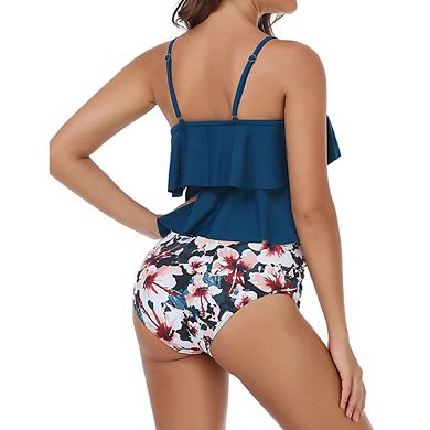 Women's Ruffle Layer Tankini Set High Waist Bottom Two Piece Swimsuit with Adjustable Straps