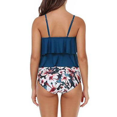 Women's Ruffle Layer Tankini Set High Waist Bottom Two Piece Swimsuit with Adjustable Straps