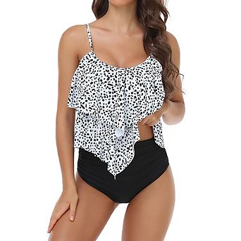 Women's Ruffle Layer Tankini Set High Waist Bottom Two Piece Swimsuit with Adjustable Straps