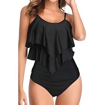 Women's Ruffle Layer Tankini Set High Waist Bottom Two Piece Swimsuit with Adjustable Straps