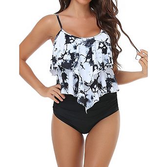 Women's Ruffle Layer Tankini Set High Waist Bottom Two Piece Swimsuit with Adjustable Straps