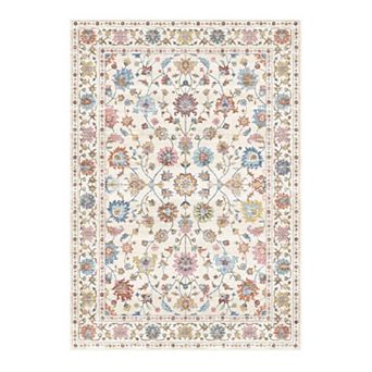 Washable Vintage Floral Rug Non-Slip Low Pile Indoor Mat for Dining Room, High-Traffic Areas