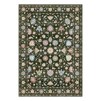 Washable Vintage Floral Rug Non-Slip Low Pile Indoor Mat for Dining Room, High-Traffic Areas