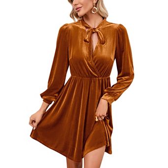 Women's Tie Neck Long Sleeve Velvet Dress Wrap Front Flared Mini Dress