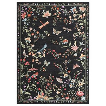 Vintage Floral & Bird Washable Rug Non-Slip Low Pile Indoor/Outdoor Carpet