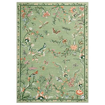 Vintage Floral & Bird Washable Rug Non-Slip Low Pile Indoor/Outdoor Carpet