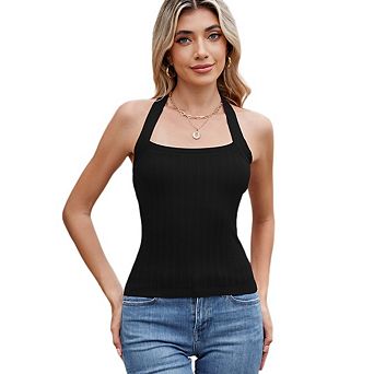 Women's Casual Ribbed Knit Halter Tank Tops Sleeveless Tie Shirts Going Out Crop Camisole