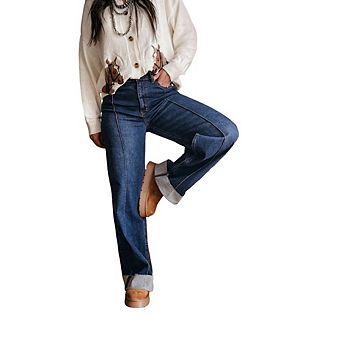 Women's Wide Leg Cuffed Jeans Causal High Waisted Baggy Denim Pants with Pockets