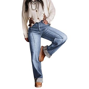 Women's Wide Leg Cuffed Jeans Causal High Waisted Baggy Denim Pants with Pockets