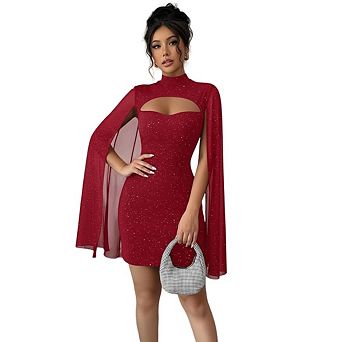 Women's Sequin Cloak Sleeve Mock Neck Cocktail Long Flowy Sleeves Dress Evening Party Gown