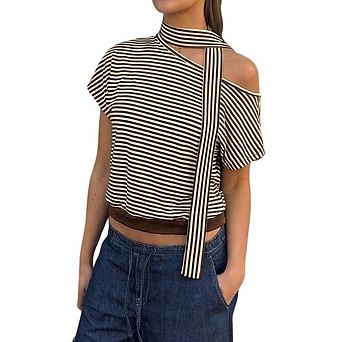 Women's Striped Off The Shoulder Tops Short Sleeve Cinched Waist Summer Casual Tee Shirt with Scarf