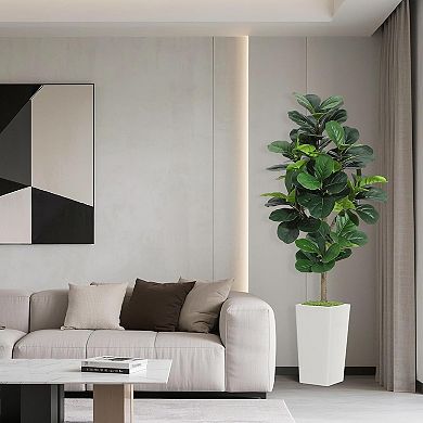 5FT faux fiddle leaf fig tree, silk leaves, bendable boughs, modern planter for home/office decor.