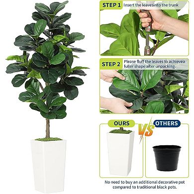 5FT faux fiddle leaf fig tree, silk leaves, bendable boughs, modern planter for home/office decor.