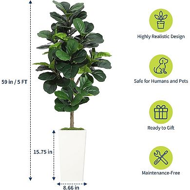5FT faux fiddle leaf fig tree, silk leaves, bendable boughs, modern planter for home/office decor.