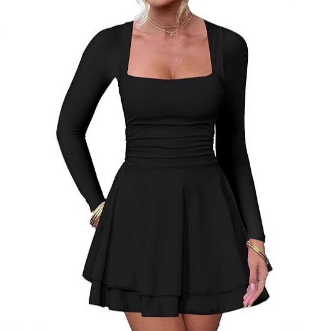 Женские платья Square Neck Ruffle Hem Dresses Ruched Waist Long Sleeve Short Party Dress