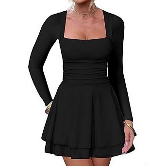 Women's Square Neck Ruffle Hem Dresses Ruched Waist Long Sleeve Short Party Dress