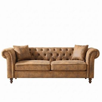GOMYHOME Chesterfield Faux Leather 3 Seat Sofa with Tufted Back and Rolled Arms