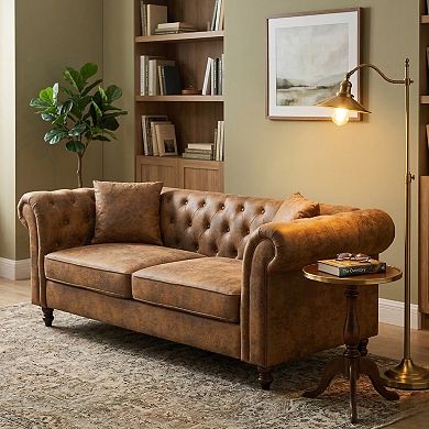 GOMYHOME Chesterfield Faux Leather 3 Seat Sofa with Tufted Back and Rolled Arms