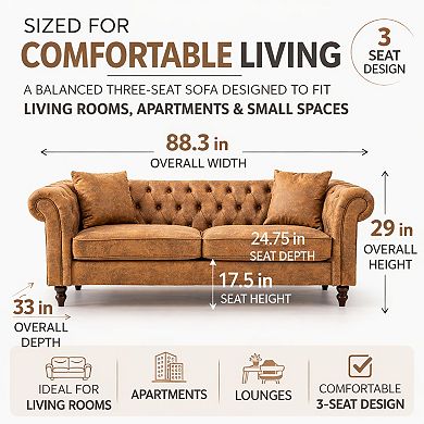GOMYHOME Chesterfield Faux Leather 3 Seat Sofa with Tufted Back and Rolled Arms