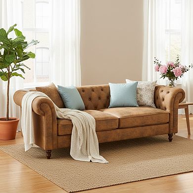 GOMYHOME Chesterfield Faux Leather 3 Seat Sofa with Tufted Back and Rolled Arms