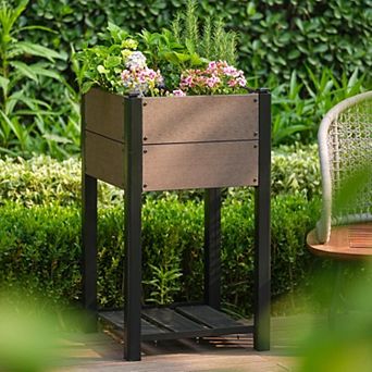 Elevated Garden Bed Having Storage Shelf HDPE Wood grain Planter Box with Sturdy Aluminum
