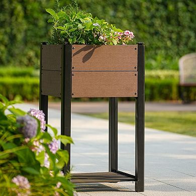 Elevated Garden Bed Having Storage Shelf HDPE Wood grain Planter Box with Sturdy Aluminum