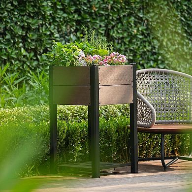 Elevated Garden Bed Having Storage Shelf HDPE Wood grain Planter Box with Sturdy Aluminum
