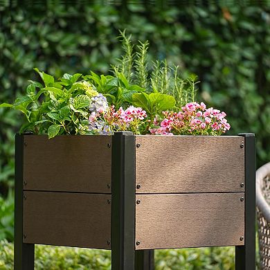 Elevated Garden Bed Having Storage Shelf HDPE Wood grain Planter Box with Sturdy Aluminum