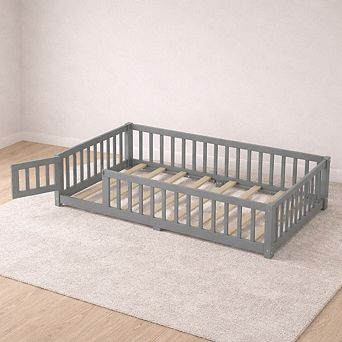 Heybly Twin/Full/Queen Kids Floor Bed with Guardrails and Door, Pine Wood Platform Bed Frame