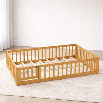 Heybly Twin/Full/Queen Kids Floor Bed with Guardrails and Door, Pine Wood Platform Bed Frame