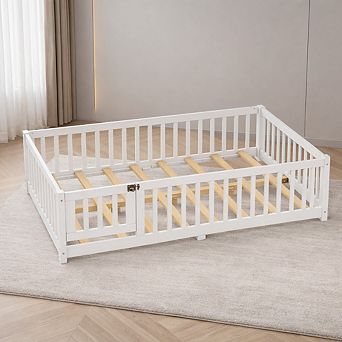Heybly Twin/Full/Queen Kids Floor Bed with Guardrails and Door, Pine Wood Platform Bed Frame