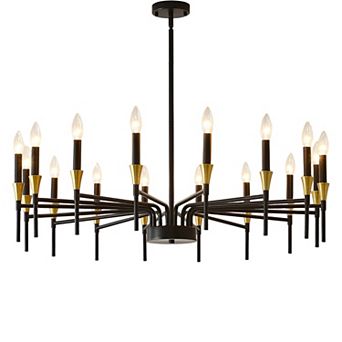 16-Light Modern Farmhouse Chandelier, 38" Large Black Gold Industrial Wagon Wheel Candle Fixture