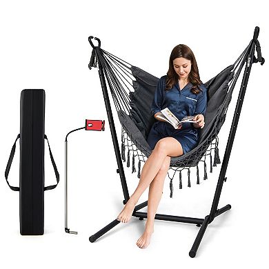 Height Adjustable Hammock Chair With Stand, Phone Holder And Side Pocket