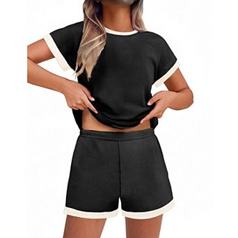 Ekouaer 2 pc Sets for Women Summer Outfits Cute Stripe Knit T Shirts Shorts Matching Lounge Set